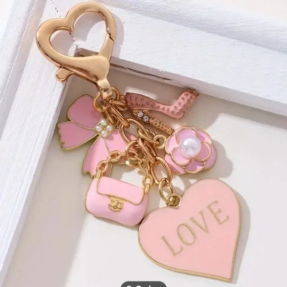 Pink Mini Bag Charm Keychain - Adorable Metal Round Love Theme Keyring - Picture 4 of 5
